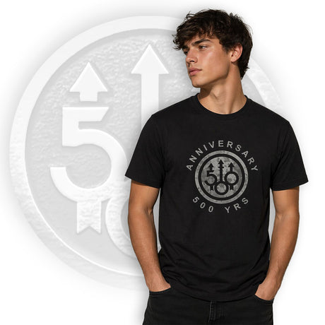 t shirt Beretta 500 anni anniversary nera con stampa logo celebrativo frontale