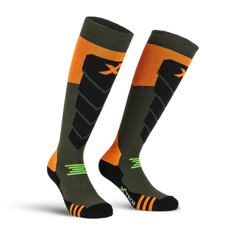 Calze XTech Spartan tecniche con rinforzi ergonomici e dettagli arancio e verde fluo per caccia e outdoor