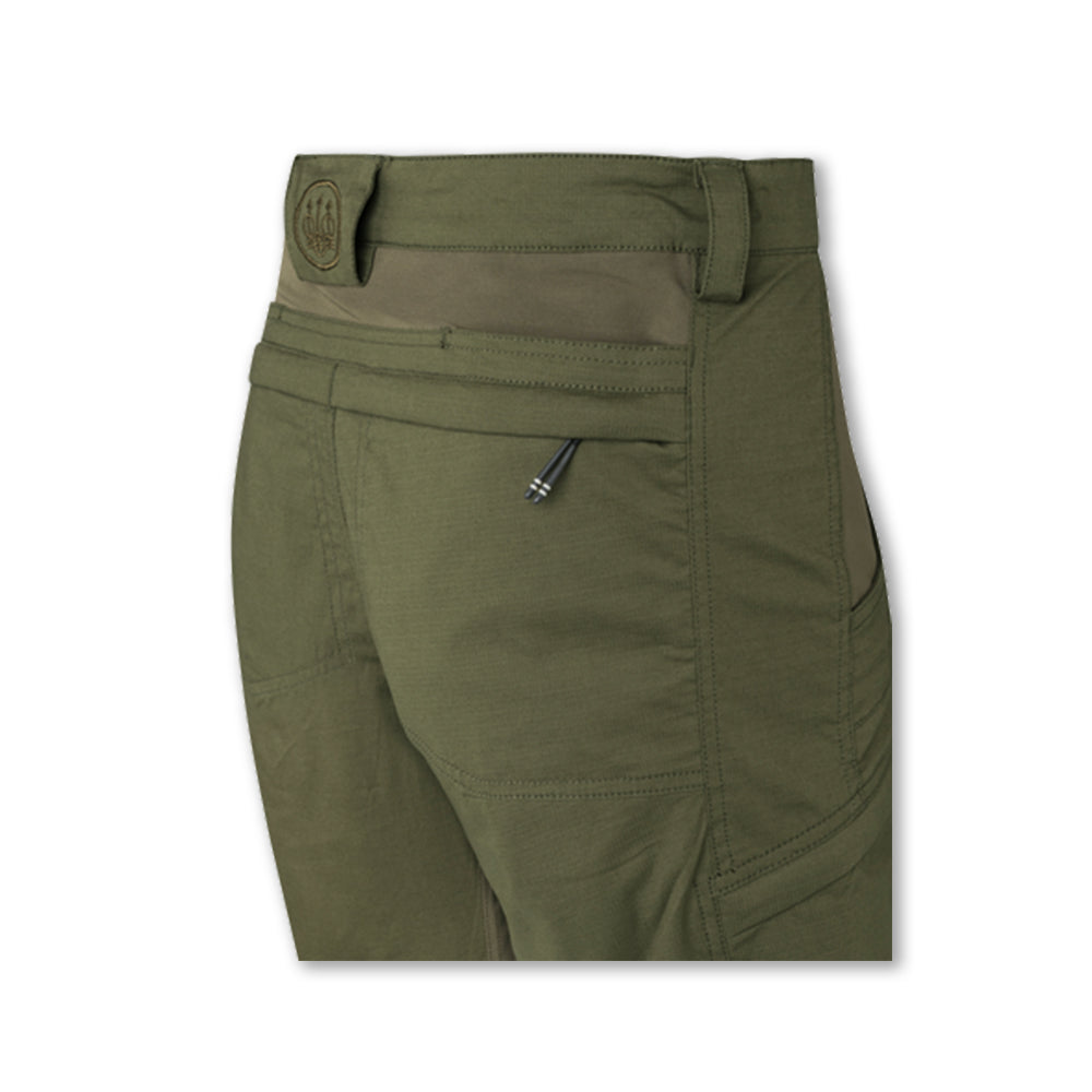 Pantaloncini LowPro tecnici verdi da caccia e outdoor con tasche e inserti stretch