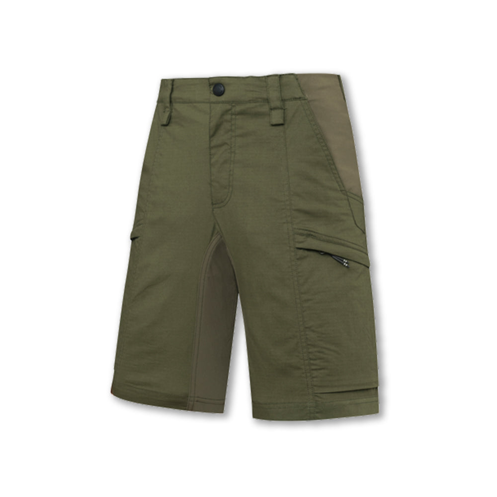 Pantaloncini LowPro tecnici verdi da caccia e outdoor con tasche e inserti stretch